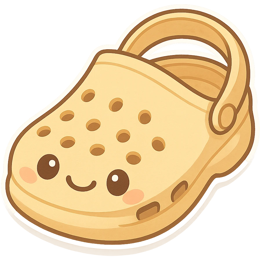 chibi sticker-style croc shoe with a smiling face, cute and exaggerated emoji