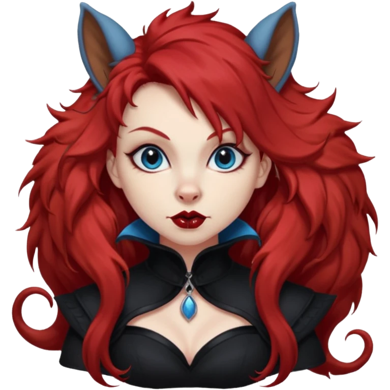  long super curly blood red hair (darker), red pointed squirrel ears with black trim, black goth outfits, body and face human, blue eyes, more pointy chin, black lipstick, one big fluffy red squirrel tail with black tips, close her mouth, less evil looking emoji