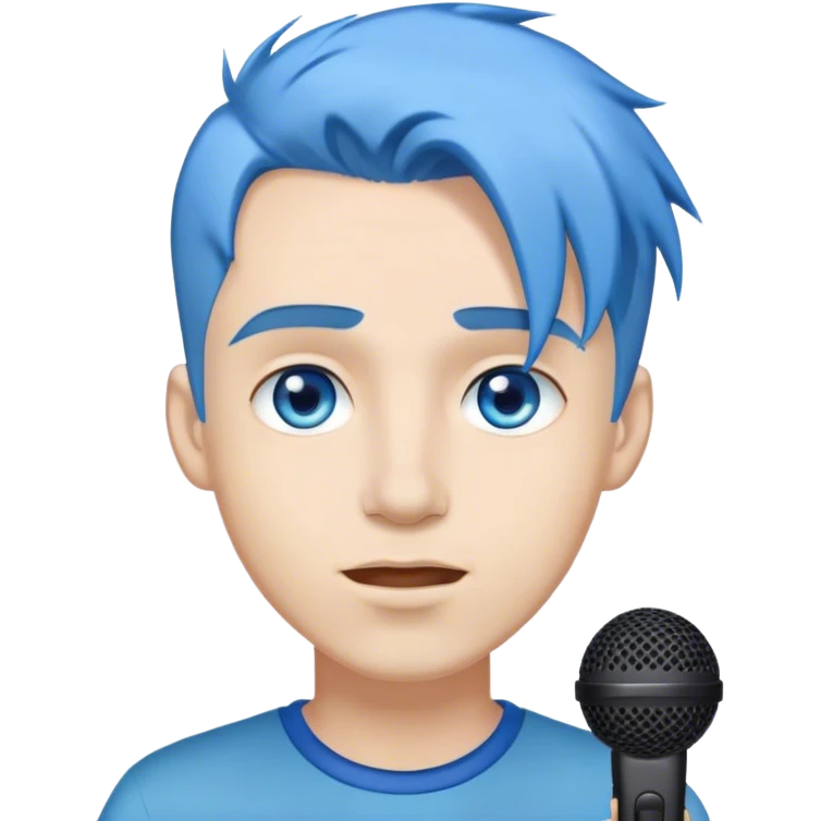 Um homem com um microfone , cabelo azul e olhos brancos  emoji