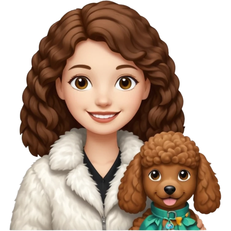 A white girl smiles a broad smile. She parts a long brown hair in middle. and she wears a white fur jacket. She also holds a brown poodle. emoji