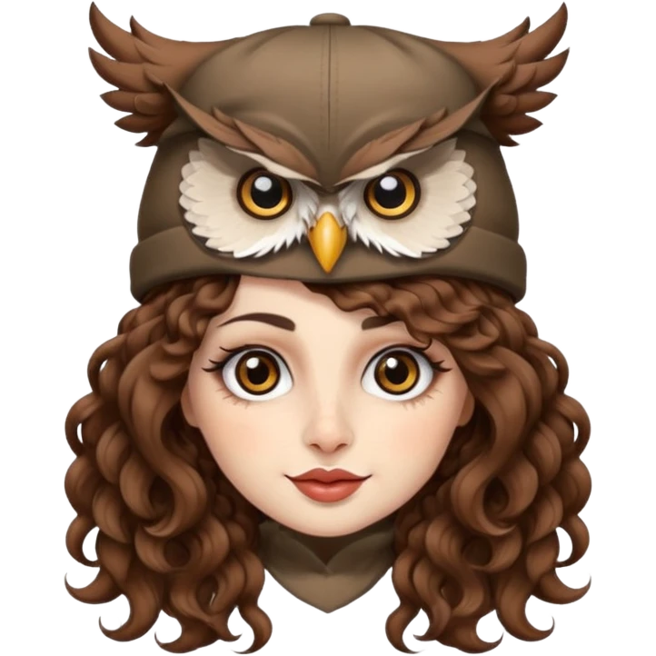 portrait woman long curly brown hair brown eyes white skin tattoos wearing owl hat oversized, playful wink emoji