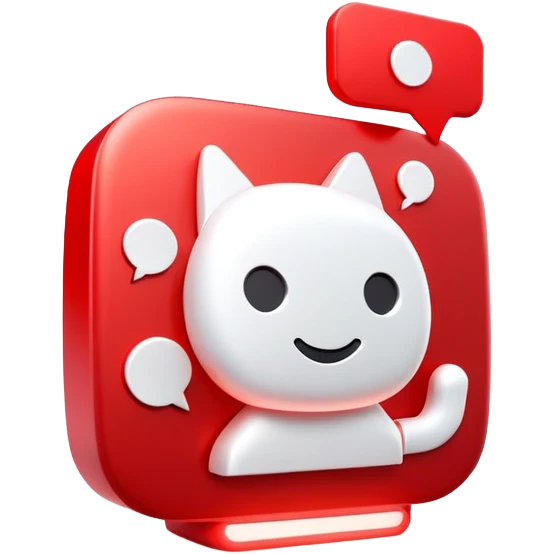 A sleek 3D icon of an AI assistant with glowing red elements, chat bubbles, and subtle YouTube play button integration, white background, modern tech style emoji
