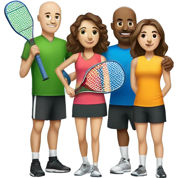 4 Caucasian people playing pickleball with 1 tall bald male, 1 shorter brown hair male, 1 girl with long brown hair, 1 girl  with brown hair emoji