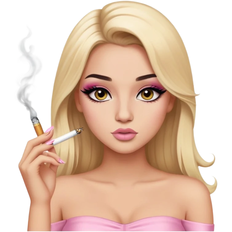 blonde long hair gorgeous girl with latina makeup smoking a cigarette winged eyeliner big lashes light pink tube top emoji