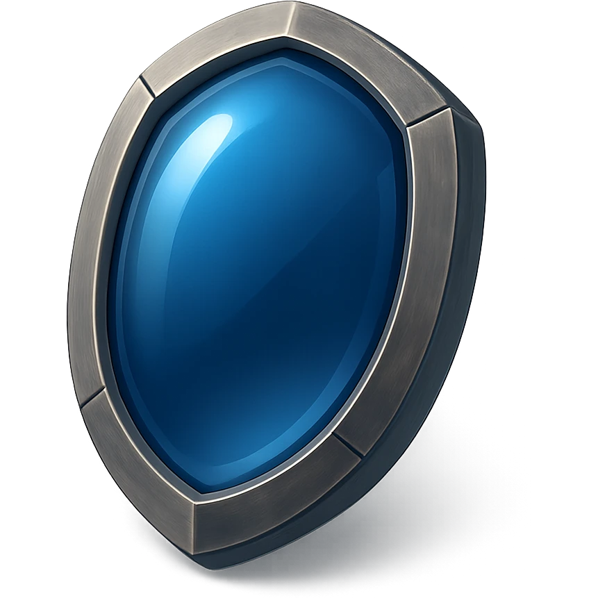 shield with oval shape, very reflective deep blue glass center, metallic border, no symbols, no sword, same perspective and style as reference, no background emoji