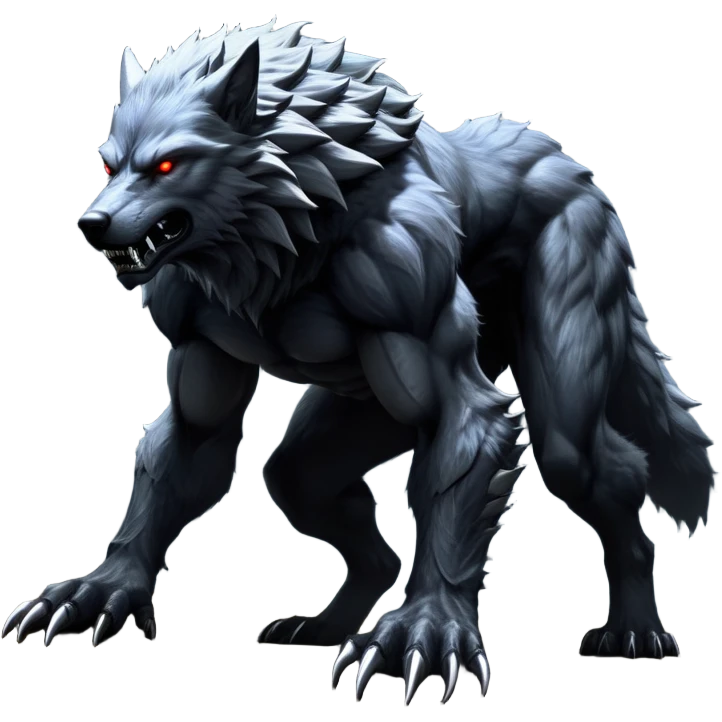 cinematic-noble-fierce-werewolf-full body on all fours-emoji, poised-and-imposing, with a tall, lean, and muscular wolfish frame inspired by the brutal, imposing shape of the beast from Berserk, fur rippling in shades of midnight black and silver, massive paws with razor-sharp claws, elongated limbs and fangs, eyes glowing with an intense, primal ferocity, reflecting the untamed power of the wild moonlit night; rendered with realism like a wolf hunched over battle ready pose ready to attack emoji