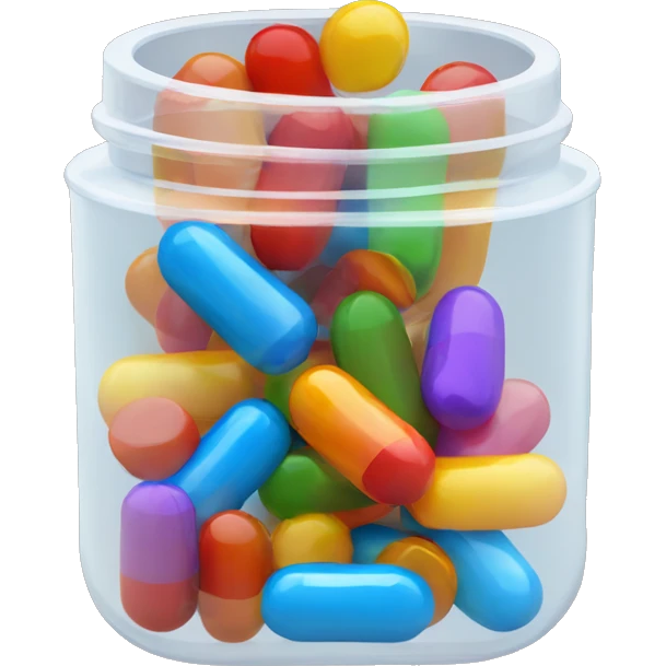 Small translucent plastic container with colorful pills inside emoji