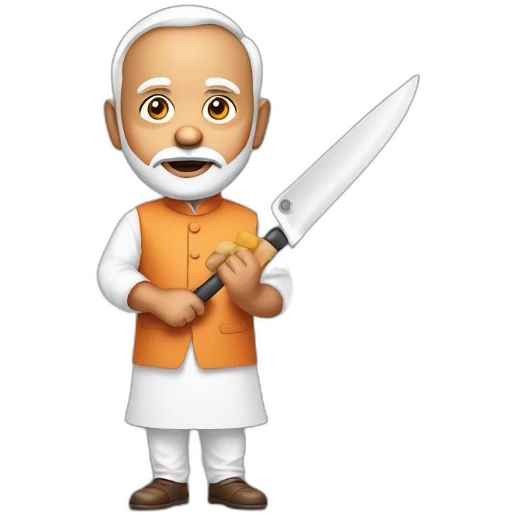 narendra modi holding a plastic toy knife with a suspicious facial expression emoji