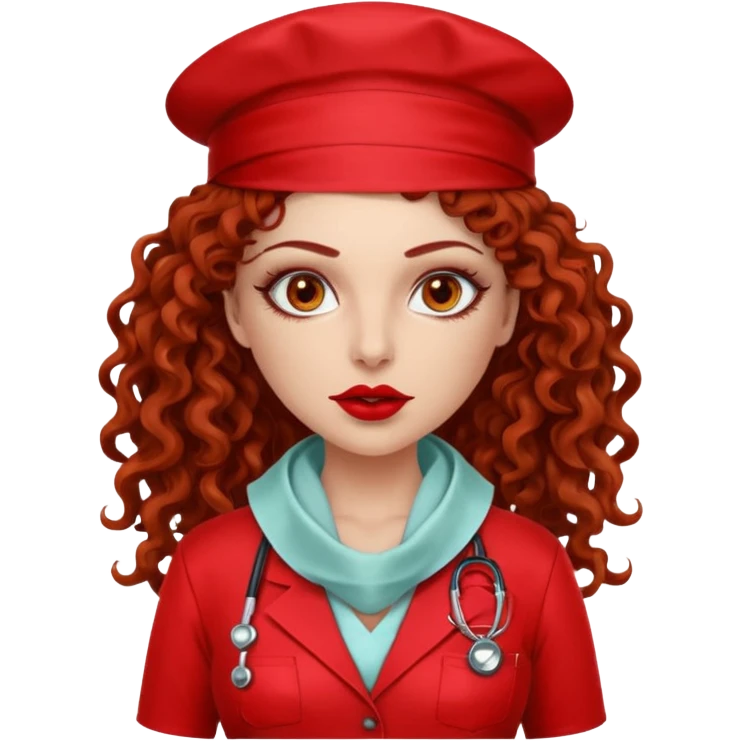 Sensual Spanish Lilith core evil surgeon.red outfit.  Surgeon has hazel eyes. Her hair is BROWN. Hair is also  long and  curly. wearing a sexy surgeon outfit with platform  heels.she is a calculated smart killer. She covers only her mouth and nose with silk scarf to hide identity  emoji