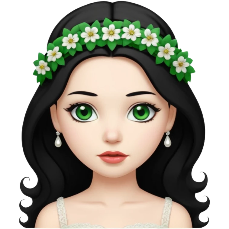 black haired green eyes very plump lips and floral bride headband that makes her hair look behind nicole peltz at wedding emoji