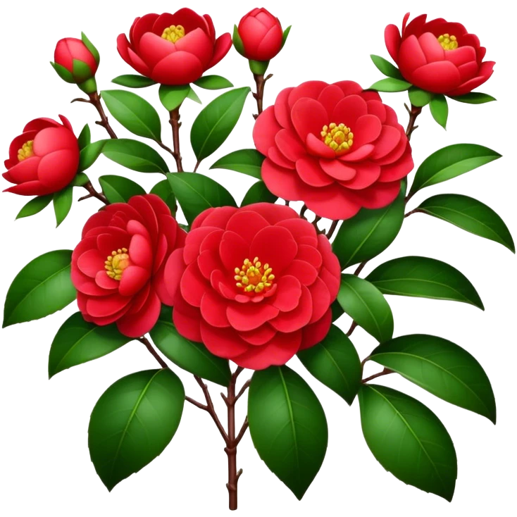 bouquet Red Camellia, luxuriant, stem, leaf emoji