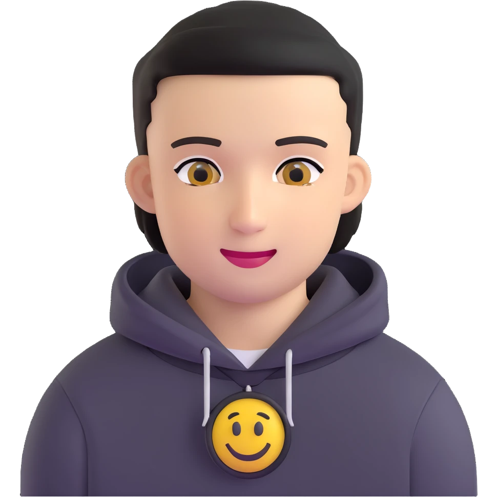 man with black military haircut, brown eyes, wearing 2 circle earrings and a black hoodie with a smiley face emoji