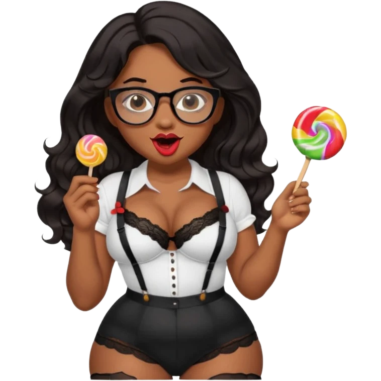 Curvy woman with brown skin with long wavy black hair, brown eyes. Glasses, She's wearing a tight white shirt showing cleavage, black lace thong, black stockings and suspender belt, she has her tongue out and she's licking a lolly pop emoji