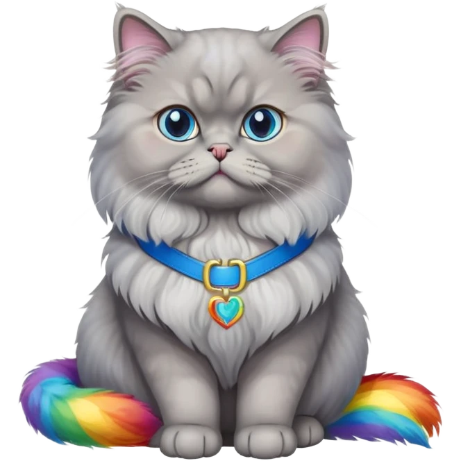 gray Persian cat full body sitting with blue eyes and rainbow belt emoji
