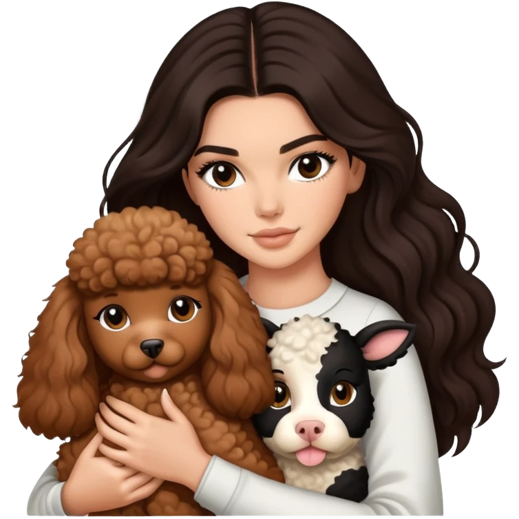 Kendall Jenner with long dark hair holding a brown poodle and a cow cat in her arms emoji