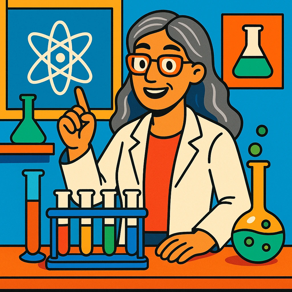 woman science teacher with long graying hair, at a lab table with test tubes, in vibrant toon style emoji