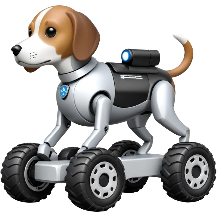 Very fast  jumping riot Boston Dynamics police robotic beagle Sherlock Holmes robodog with large off-road wheels  emoji