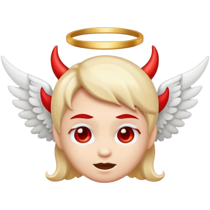 cute emoji half angel with halo and white wing, half devil with horn and red wing merged into one face emoji