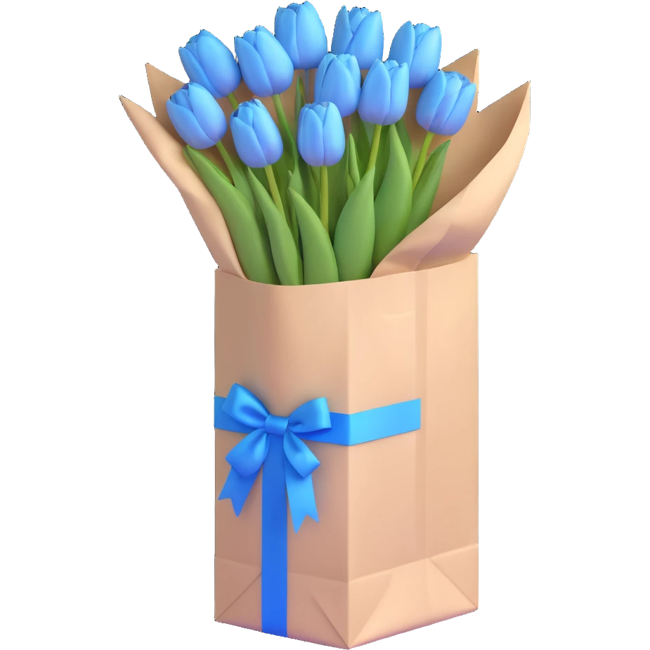 a bunch of pastel blue tulips arranged in a white paper bag with a blue ribbon, light blue tones, subtle shadows, minimal look, 3D iOS emoji style emoji