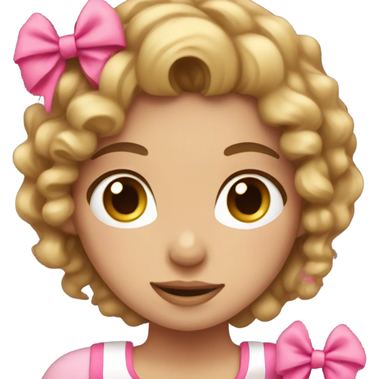 gurl with semi curly blond ish brown hair holding a pink bow in her hands emoji