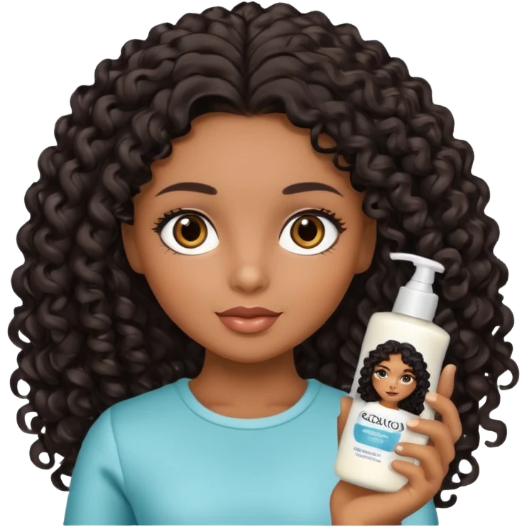 Uma boneca morena com olhos castanhos e cabelo cacheado longo preto, com creme de pentear na mão da Salon line emoji
