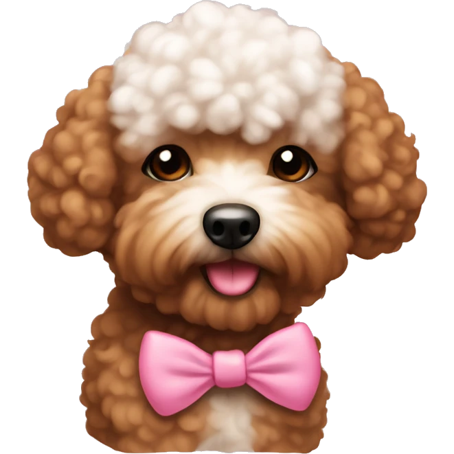 brown bichpoo with a little white fur around nose and pink bow emoji