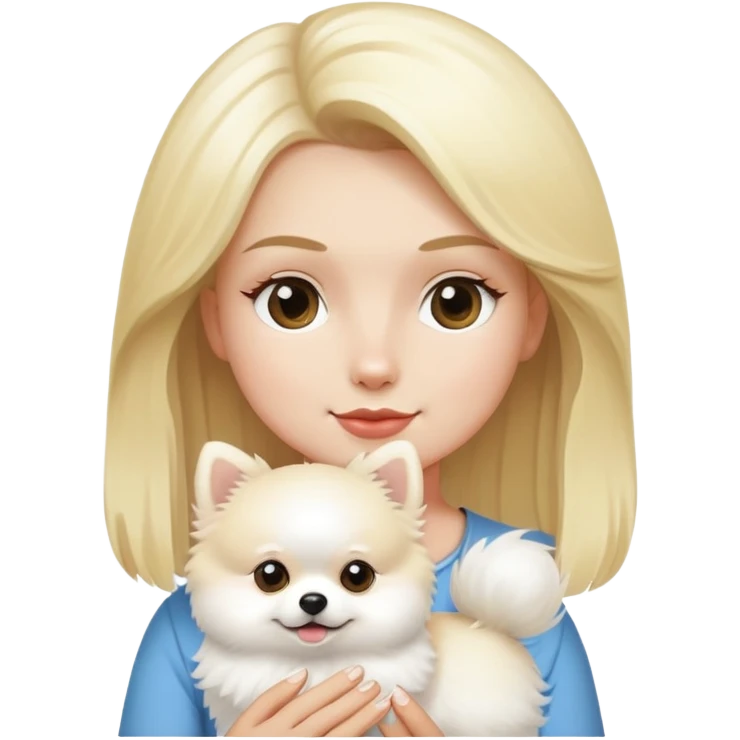 A blonde woman holding a white Pomeranian emoji
