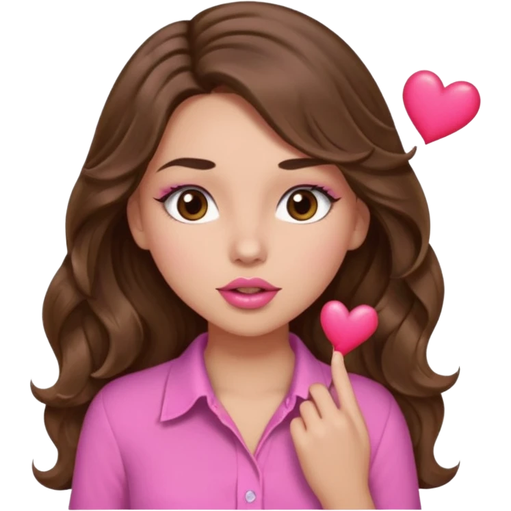 girl with long wavy brown hair, brown eyes, light to medium complexion, in a pink shirt, pink lips, long lashes, sexy , puckering, blushing, kissing a heart sexy emoji