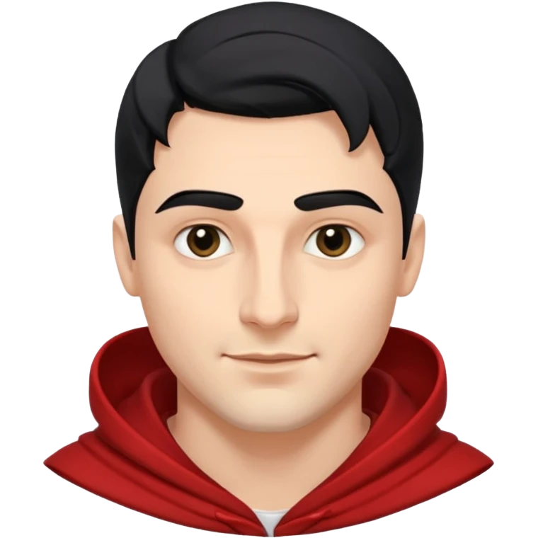A handsome man with fair complexion. masculine, roman, slightly crooked nose. Thick triangular eyebrows. Hooded eyes and black pupils.  smily lips with a heavy top lid.  thick black hair  80/20 part with an undercut.  emoji