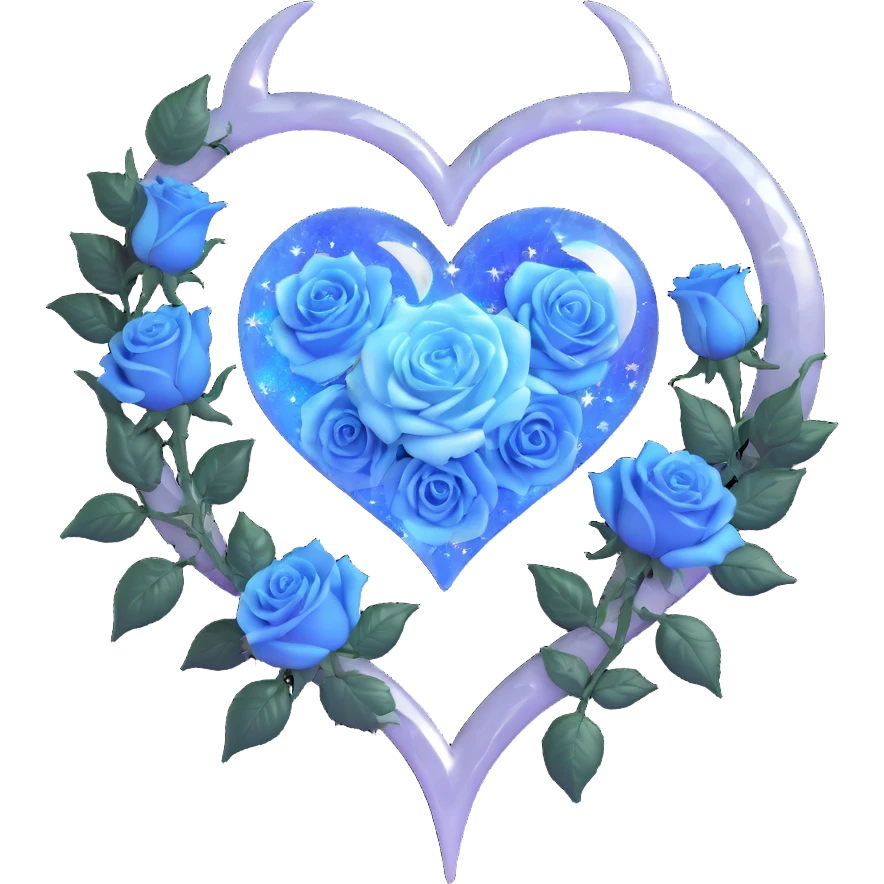 gothic heart made of moonstone glass, silver crescent moon, pale blue roses, holographic stardust, neon white lightning, drenched and splintered glass emoji