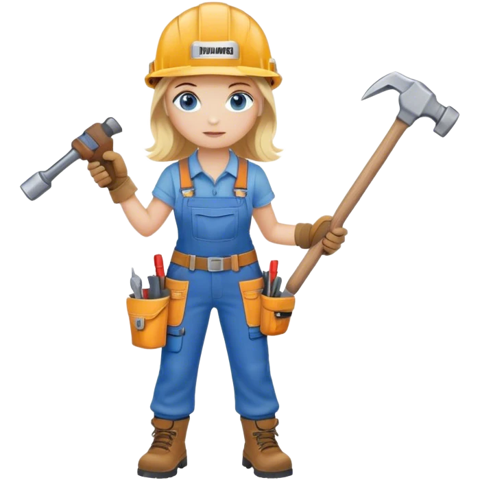 A blond girl blue eyes, habdyman Outfit, wearing a Helmet and a Hammer, Whole body, from Head to toe  emoji