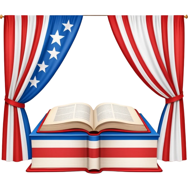 Book of theatrical set design with cover designed like the Puerto Rican flag, red and blue stripes with white star, theater curtains visible on pages emoji