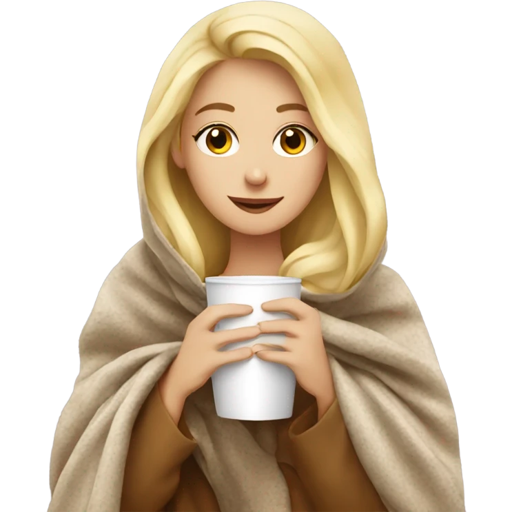 Blonde girl in blanket drinking coffee  emoji
