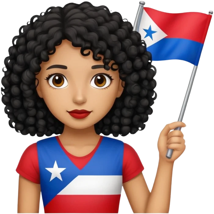 Tan skin girl with black curly hair holding a Puerto Rican flag emoji