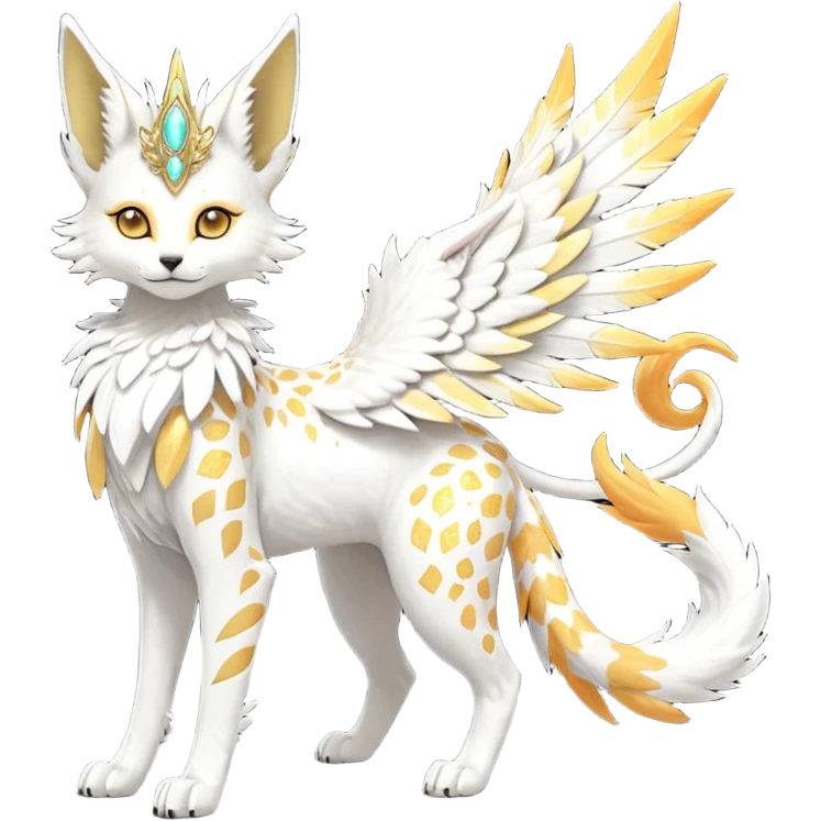 Epic complex fantasy glorious detailed futuristic divine godly angelic feathery sunny, white, albino, pastel, golden, orange glowing sparkly, realistic Fakémon-Sprigatito-Floragato-Meowscarada-Trico-Sergal-Serval-Solgaleo-Vernid-creature (full body) solarpunk, shiny sparkly with a gold laurel emoji