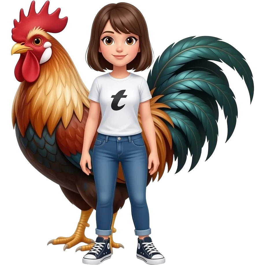 25 year old female rooster stand  straight wear tshirt and jeans sneakers emoji