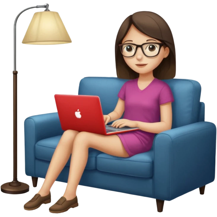 A girl is working with a laptop while lying on a sofa, with a floor lamp to the right. emoji