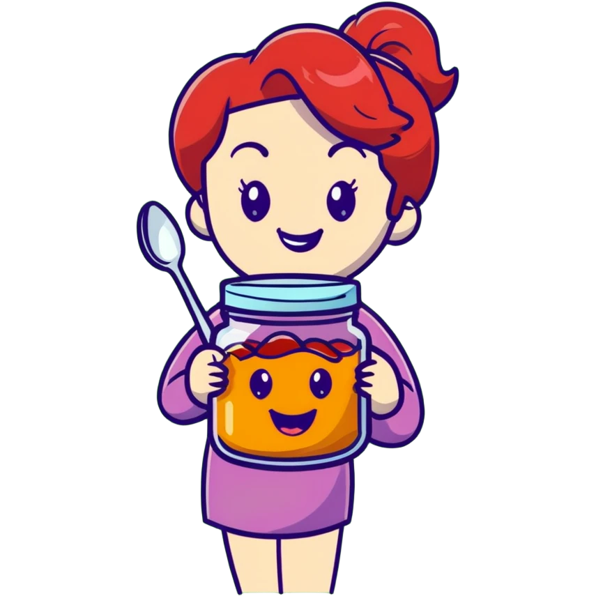 redhead woman with big smile holding a glass jar with jam in one hand and a little spoon with jam in other hand emoji