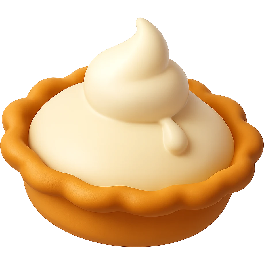Remove the background so only the cream pie with a tiny cream droplet starting to appear is visible. Keep the playful 3D emoji style, golden brown crust, and same angle as reference. emoji