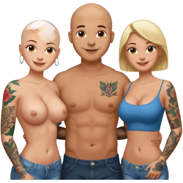 throuple tattooed sleeves bbald male with topless naked big boobed brunette and topless naked big boobed blonde girlfriends  lovingl  and sexy polygamy  emoji