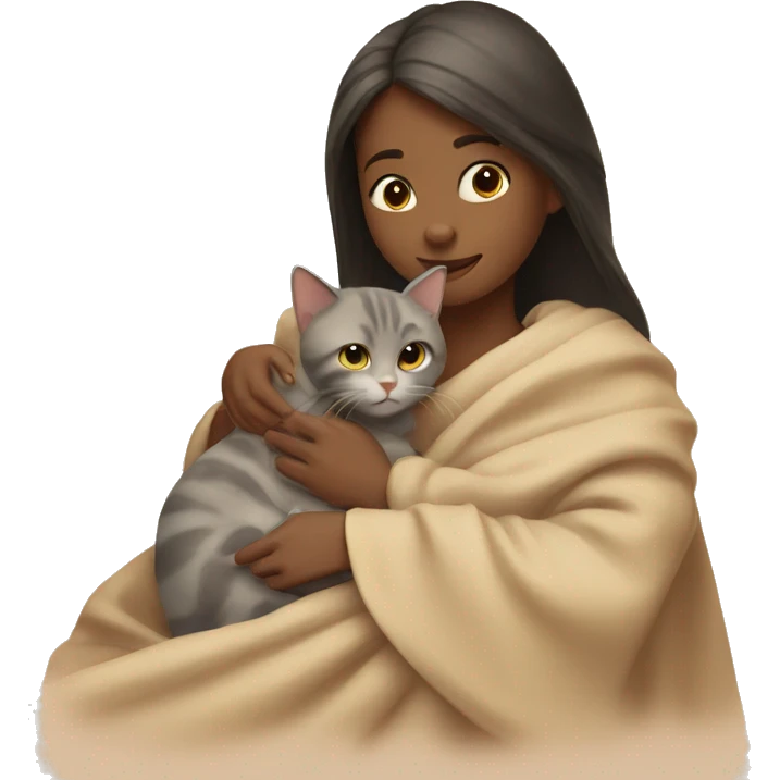 girl petting cat in beige blanket emoji