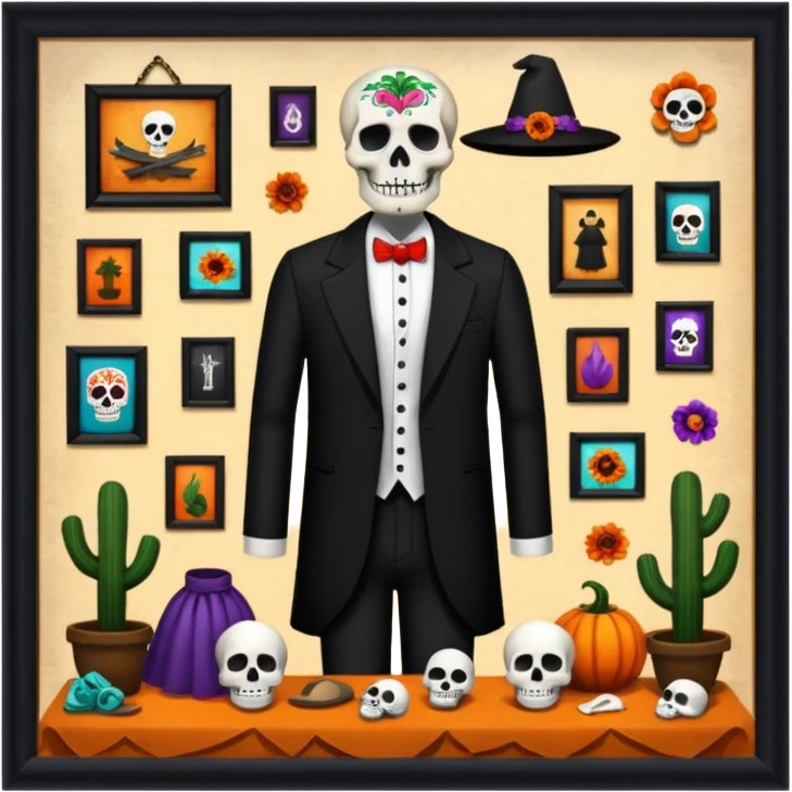 Day o the death, missing people(not found), movie, museum,,culture,museum in mexico, clothes o missing people,, witchcraft emoji