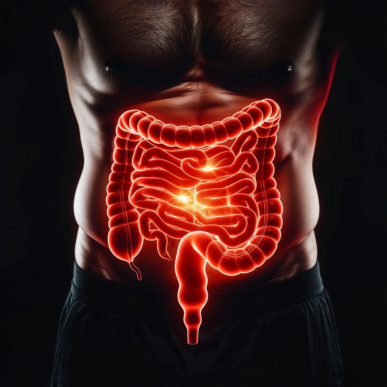 close-up on man's abdomen, intestine highlighted with visual effects of inflammation and pain like redness, glow, symbols, inspired by reference photo, Luma Photon style emoji