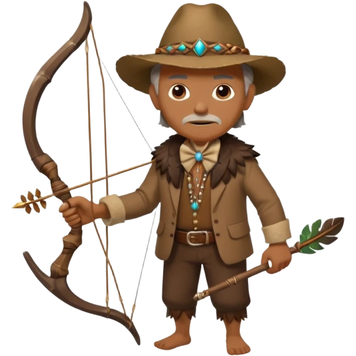 The classic image of a middle-aged uncle hunter carrying a bow, dressed in brown clothes, with some ornaments made of feathers, bones or teeth on his body. emoji