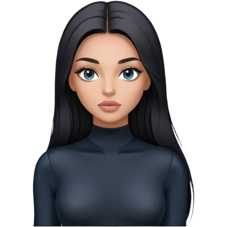 Glamours, tanned, very beautiful girl, with big pump peach-beige-rose lips, long long lashes, black straight smooth silky long hair, straight parting hair, blue-grey eyes in black long-sleeves bodysuit emoji
