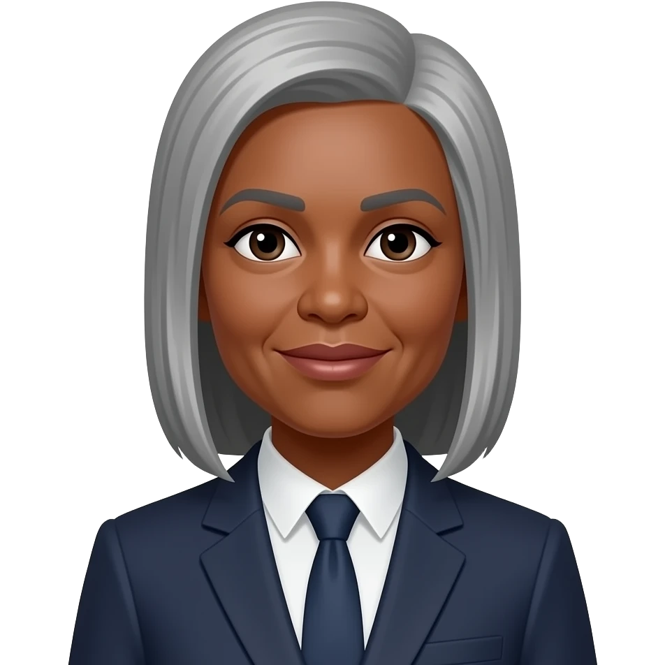 dark skinned female 60 years old with straight grey hair using suit. remove  dot on forehead emoji