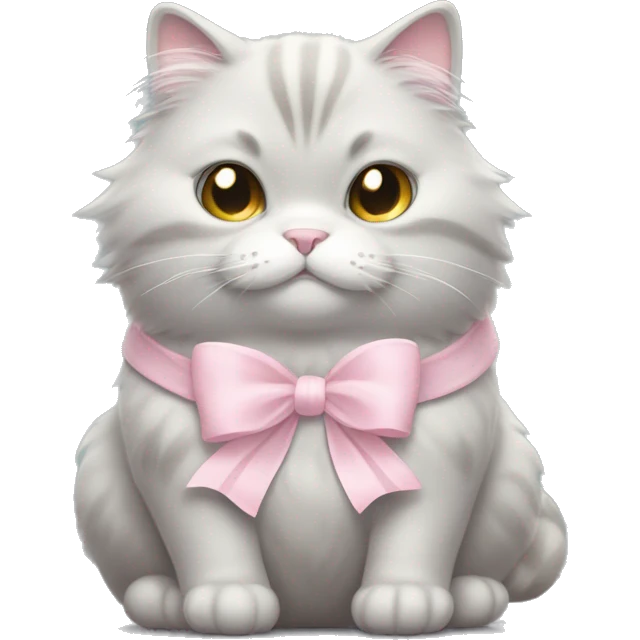 fluffy light gray fat cat with pale pink bow emoji