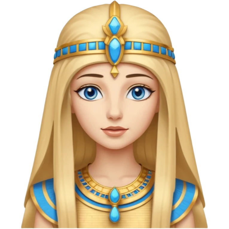 Cleopatra vestita da faraone con il cappello da faraone ma con gli occhi azzurri e i capelli lunghi biondi non troppo chiari con il cappello da faraone dorato senza frangia capelli lunghi  emoji