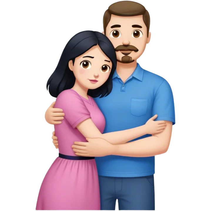 Tall strong white man with brown mustache goatee wearing blue hugging a chubby short pale woman with long black hair wearing pink emoji