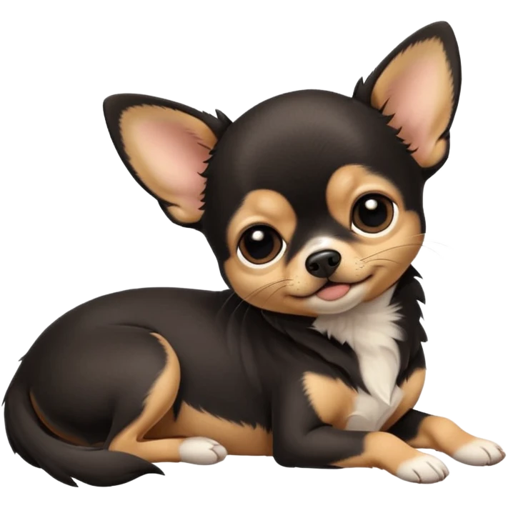 A high-resolution photo-realistic digital illustration of a cute black and tan chihuahua with big eyes shut sleeping lazily on the ground emoji